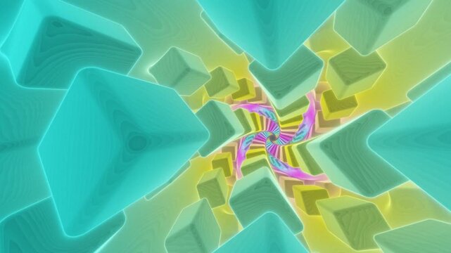 Colorful spiral tunnel with geometric box shapes and bright lights