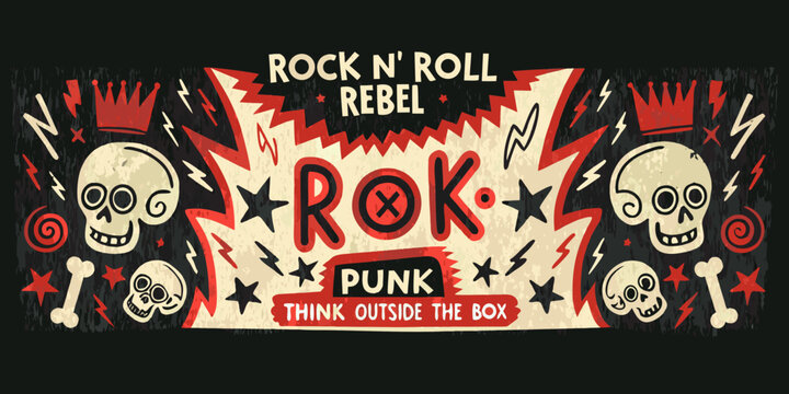 Rock and roll themed graphic design with skulls and lightning bolts