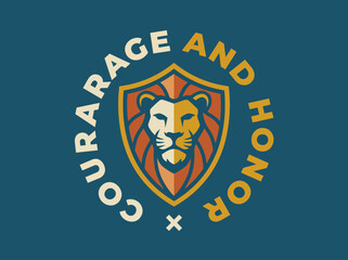 Obraz premium A striking emblem combining a lion's head with a shield, representing courage and honor, ideal for sports teams and organizations seeking inspiration and strength.