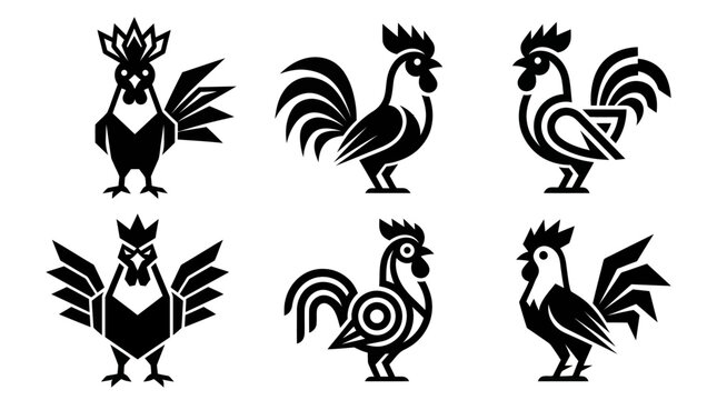Stylized black rooster and cockerel silhouette collection.