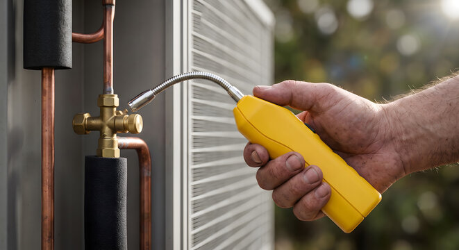 Technician using yellow detector to check for refrigerant leak in air conditioning unit outdoor condenser.