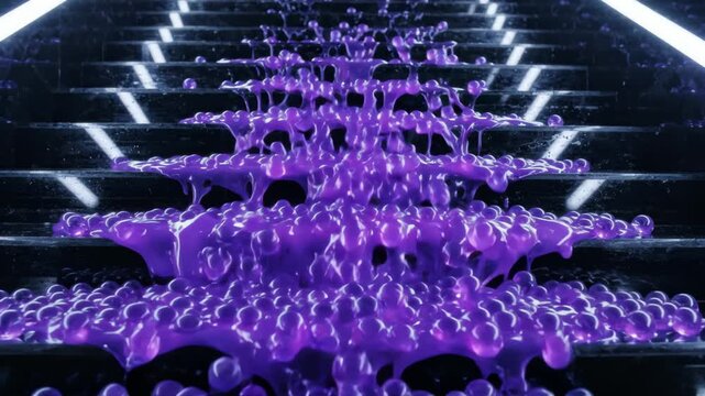 Abstract purple slime or liquid balls cascading down modern dark stairs. Cinematic motion footage capturing a viscous purple substance flowing in a smooth and mesmerizing pattern for creative backgrou