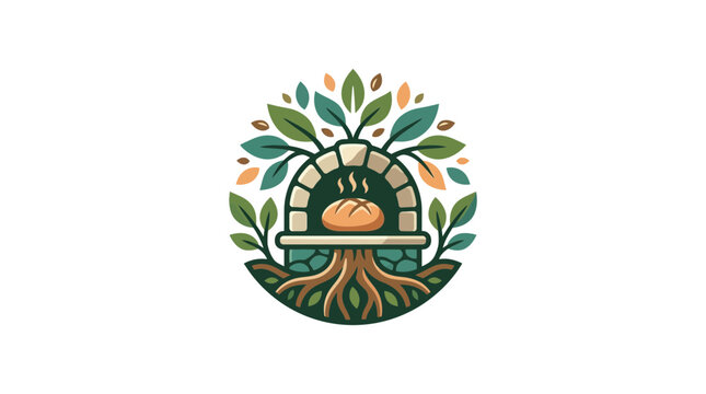 Artisan Bread Oven with Tree Roots and Green Leaves Logo