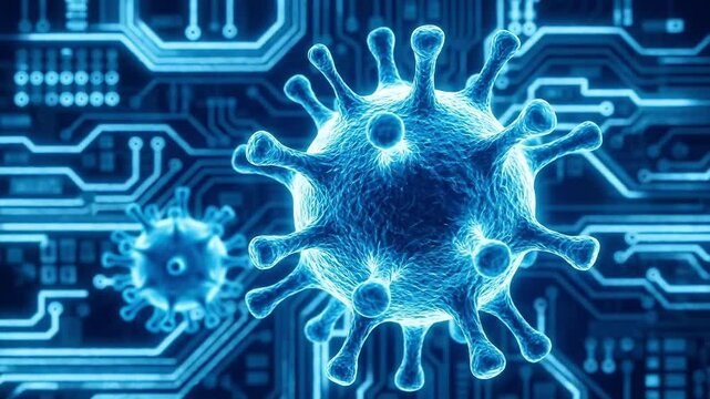 Blue digital virus cell on a circuit board background. Suitable for technology, cybersecurity, medical, and education videos.