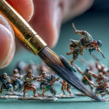 Close-up of hands meticulously painting detailed miniature figurines with precision brush