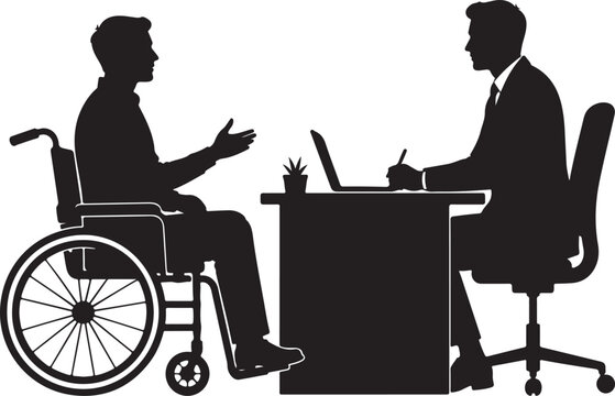 Silhouette of a man in a wheelchair talking to a professional at a desk Vector
