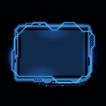 Rectangular interface frame template in blue and neon colors with glowing geometric lines.
