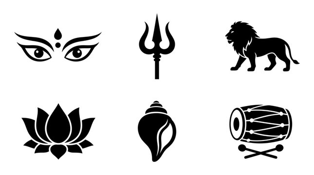 Durga Puja silhouette symbols, Goddess Durga eyes, trident, lion, lotus flower, conch shell, dhak drum, exactly six symbols only