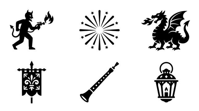 La Merc&egrave; celebration silhouette symbols, correfoc devil figure, firework burst, dragon figure, parade banner, gralla instrument, festival lantern, exactly six symbols only