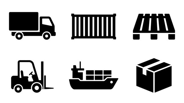 logistics silhouette symbols, cargo truck, shipping container, warehouse pallet, forklift, cargo ship, delivery box, exactly six symbols only