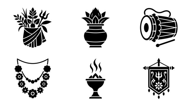 Maha Saptami celebration silhouette symbols, Nabapatrika bundle, ceremonial water vessel, dhak drum, flower garland, incense burner, festival banner ornament, exactly six symbols only