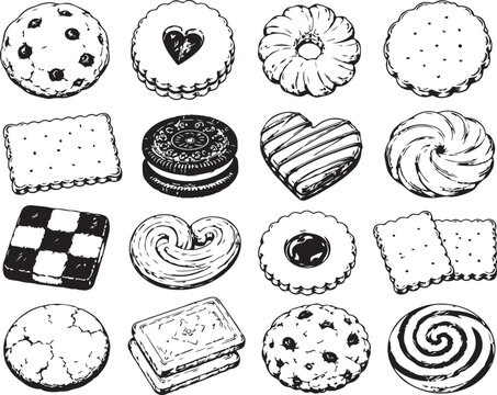 Vintage hand drawn cookies and biscuits set, 16 black and white bakery icons, rustic sketch of sweet snacks and dessert treats