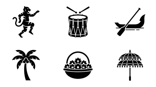 Onam celebration silhouette symbols, Pulikali tiger dancer, Chenda drum, Vallam Kali paddle, coconut palm, floral basket, parasol umbrella, exactly six symbols only