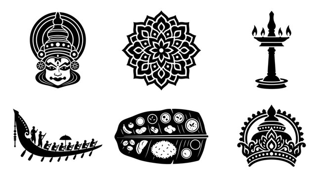 Onam festival silhouette symbols, Kathakali face, pookalam floral rangoli, nilavilakku oil lamp, snake boat, banana leaf feast, king Mahabali crown, exactly six symbols only