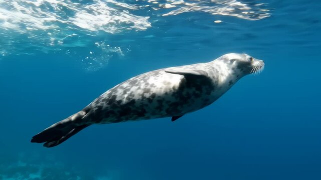 Graceful Harbor Seal Swimming Underwater in Clear Blue Ocean Waters, Capturing Natural Marine Wildlife Behavior in a Calm and Serene Aquatic Environment, Cinematic Underwater Footage.