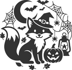 Fototapeta premium Whimsical fox witch with autumn leaves and lantern vector graphic design