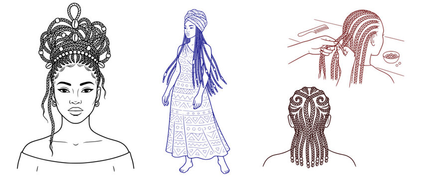 African woman with colorful braided hairstyle -  Young woman with different hairstyles illustrated in step-by-step format  