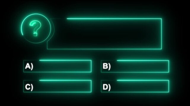 Quiz Neon Line Animation with option selection on black background Quiz Animation template, question and test menu choice quiz show question and answers. Motion graphics of question book concept
