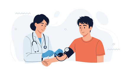 Fototapeta premium Doctor checking patient's blood pressure with sphygmomanometer, modern flat illustration