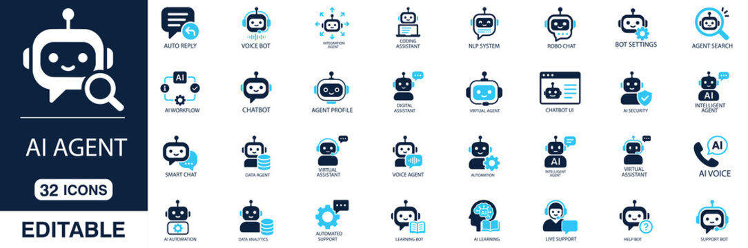 Set of 32 ai agent and chatbot icons, vector illustration of artificial intelligence technology and virtual assistant concepts editable vector illustration