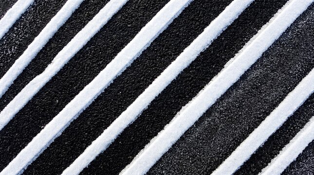 Diagonal striped pattern of black asphalt and white snow, contrasting textures and lines creating abstract winter background, outdoor surface detail.