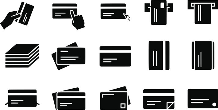 Credit card payment icons, financial transaction silhouette set, black and white banking design, wallet and ATM illustration, commerce vector collection