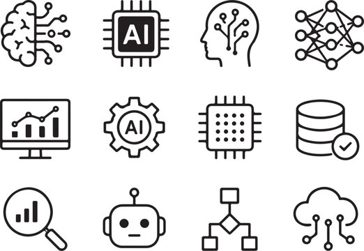 Set of black artificial intelligence and machine learning line icons Vector