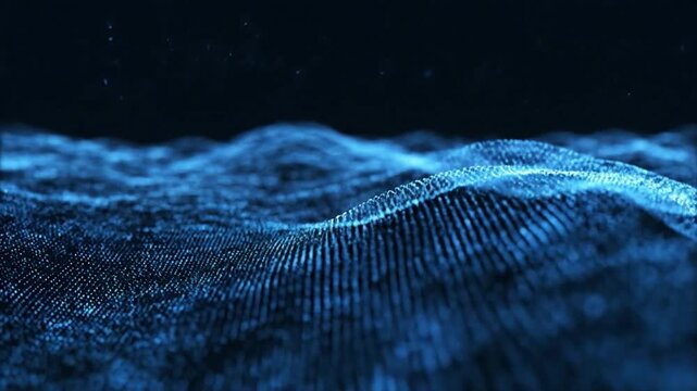 Abstract blue digital landscape with glowing particles moving in a wavy pattern for corporate use