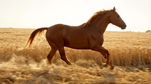 Majestic chestnut horse galloping through a sunlit golden wheat field. High quality cinematic footage showcasing the power and beauty of a stallion running in the countryside at sunset.