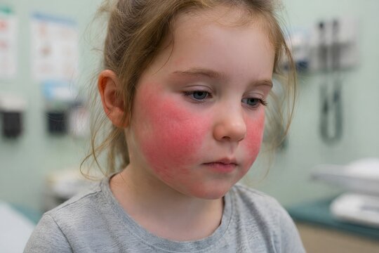 Macro close-up of child's face showing the characteristic slapped cheek rash of fifth disease, bright red erythematous cheeks, warm skin, sharp demarcation at nasolabial folds, pediatric viral illness