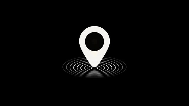 
White Location Pin Icon with Ripple. GPS location pointer animated with radio wave, location pointer, pin icon on black background.