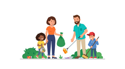 Obraz premium Happy Family Volunteering to Clean Up Litter and Plastic Waste in Outdoor Environment