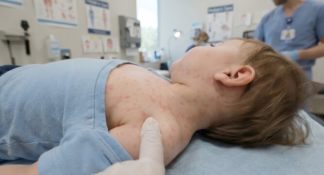 Doctor examining a child with a roseola exanthem subitum skin rash, macro of pink maculopapular spots on skin, medical consultation for childhood viral illness, pediatrician checking a young patient