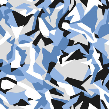Trendy blue and white geometric camouflage seamless pattern. A modern vector splinter camo with sharp, technical angles, perfect for urban arctic gear, techwear apparel, and activewear design.