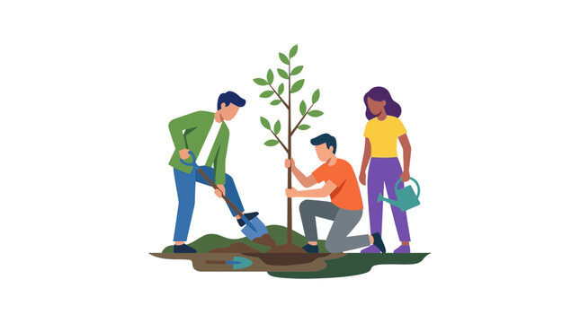 Diverse community volunteers planting a tree sapling for ecology and reforestation concept