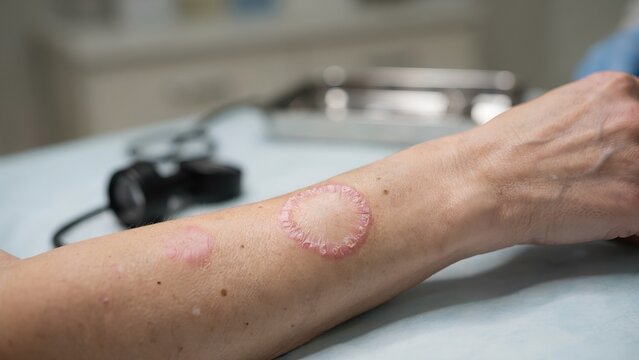Skin surface detail of ringworm infection showing annular plaque with elevated erythematous scaly edges on an arm, professional medical documentation of fungal dermatological skin disease presentation