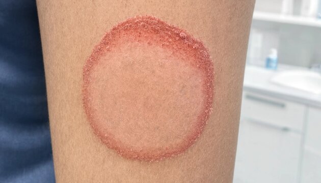 Medical photography of circular tinea corporis lesion on human skin, distinct red scaly border with central clearing demonstrating typical ringworm dermatosis symptoms for dermatology diagnosis