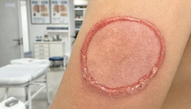 Close-up of tinea corporis on a patient's arm, visible annular ringworm lesion with an active erythematous scaly raised border and clear central area, dermatological clinical skin condition study