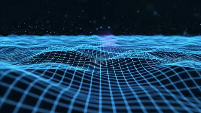 Abstract blue digital wireframe waves flowing horizontally on a dark background with particles