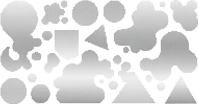 Abstract composition with various halftone shapes like circles squares triangles and irregular clouds on transparent background for creative graphics.