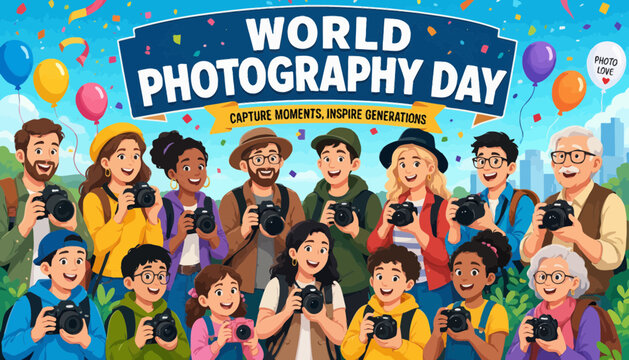 World Photography Day celebration banner with diverse group of photographers. Cartoon people holding digital cameras with festive balloons and confetti. Photography community event vector.
