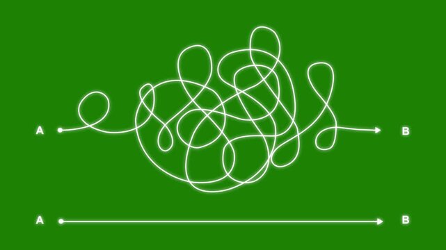 Complex and easy way from point A to B. hand drawn doodle scribble chaos path lines. kids tracing paths, Motion graphics of line direction concept