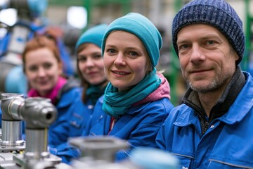 Fototapeta premium Automation technicians collaborating at cobot turbine assembly cell