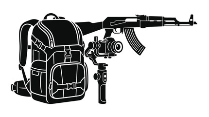 Obraz premium Backpack, Camera Gimbal, and Assault Rifle Silhouette