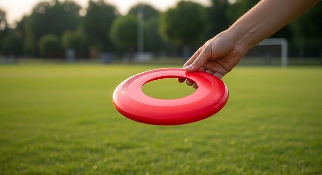Red flying disc held by hand over green grass field, plastic sports ring for outdoor recreation, summer activity on athletic pitch