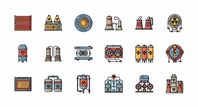 Nuclear Energy and Radioactive Waste Icons Collection.