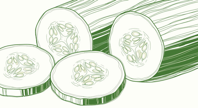 Fresh cucumber slices and whole vegetable line art illustration