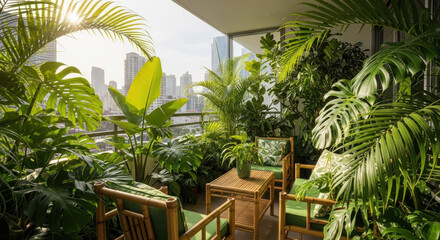 Fototapeta premium Lush Tropical Balcony Oasis With Cityscape View