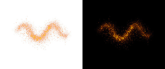 Golden glitter wave trail on black and white background, sparkling orange dust particle path, glowing magic light streak design element © Smart Studio