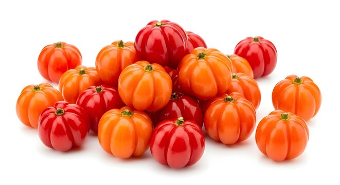 Group of fresh pitanga fruits isolated on white background with tropical